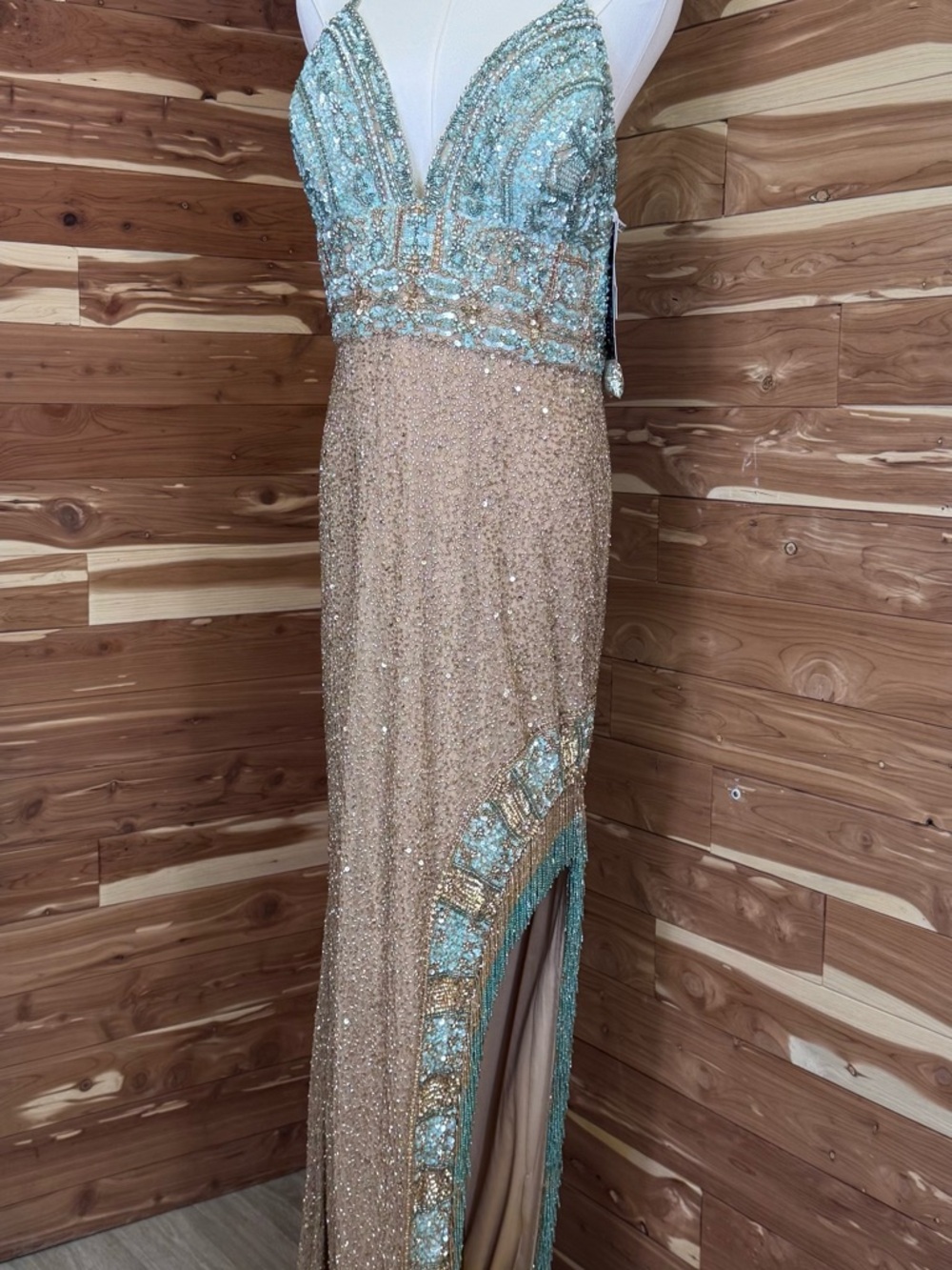 Sherri Hill Gold Aqua Beaded Gown Size 16 High Slit Formal Prom Dress 54140